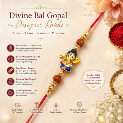 A product infographic displays the red thread with a metallic Ganesha charm and red carved beads, alongside descriptive text