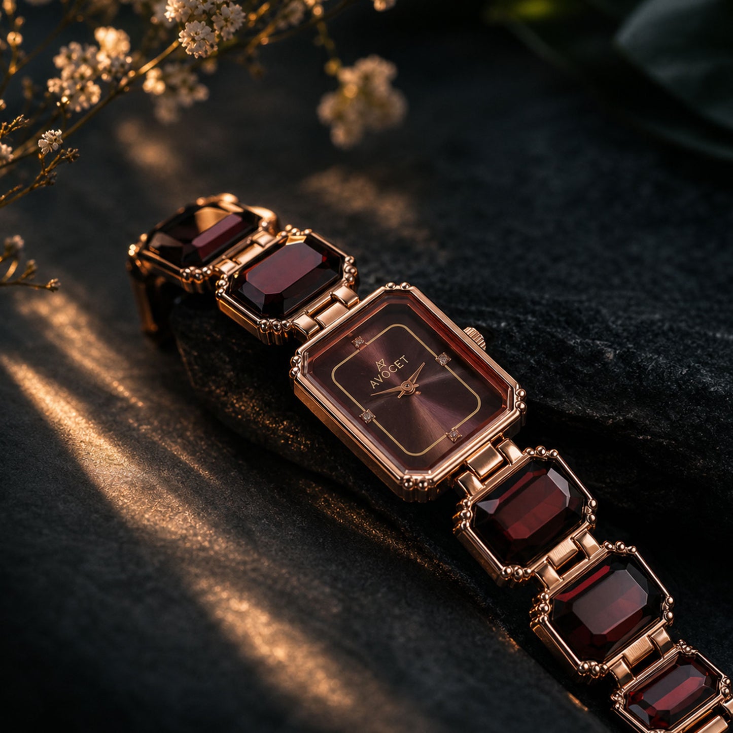Rose Gold Square Shape Dial Watch with Black Red Stone Strap Design for Women