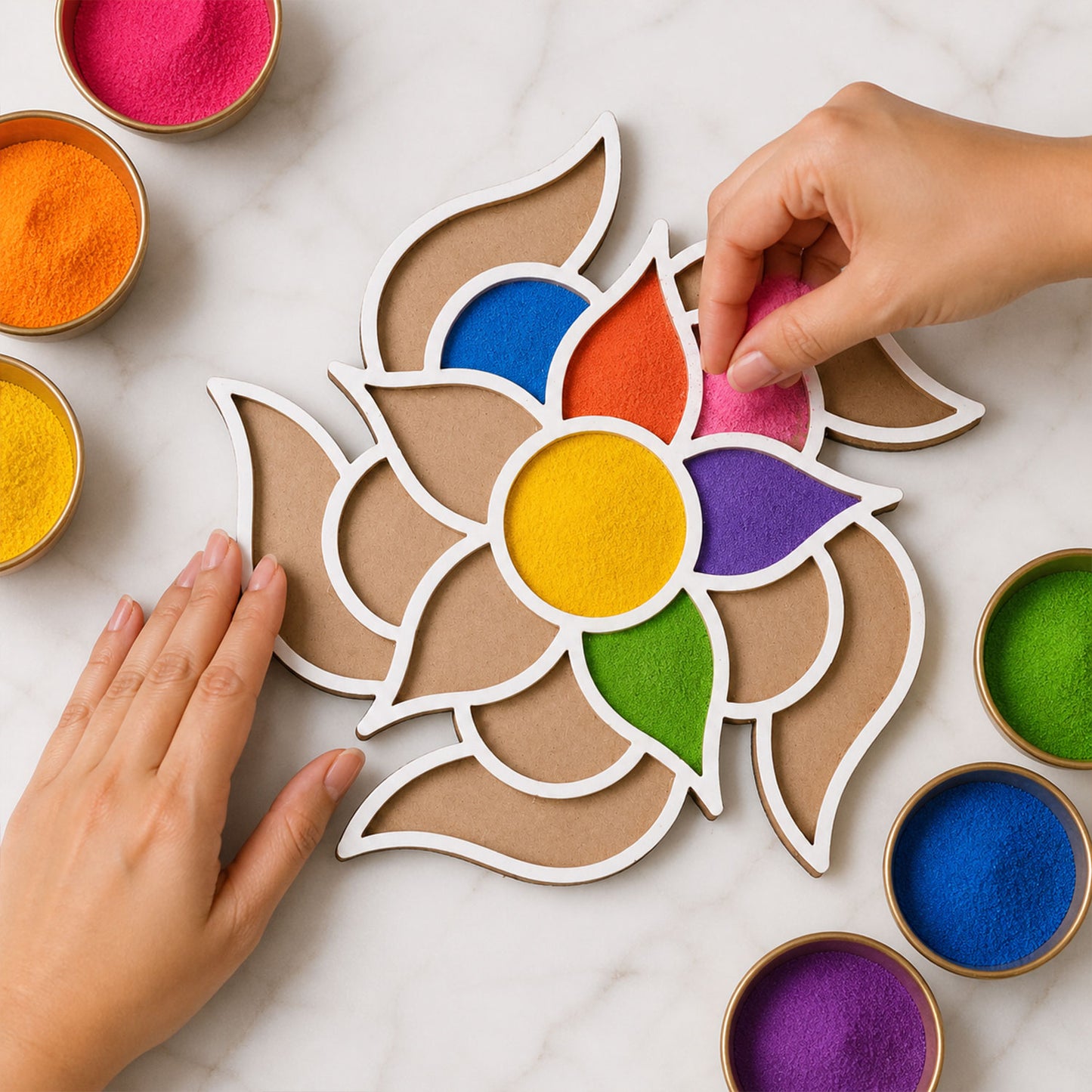 Wooden Rangoli Stencil Set with 4 Reusable Floral Designs for Diwali & Pooja Decor