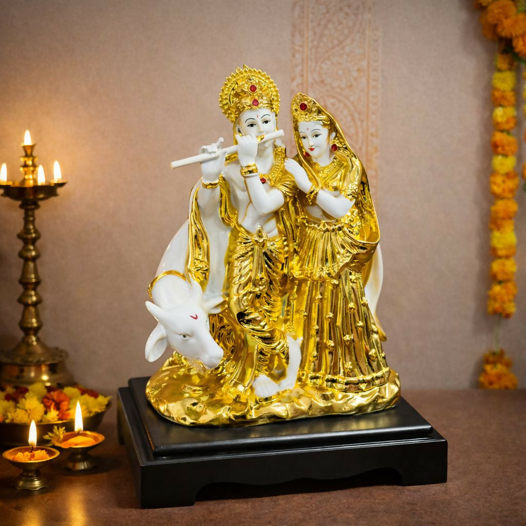 Radha Krishna with Cow Idol White and Golden Finish Statue for Home Temple Decor