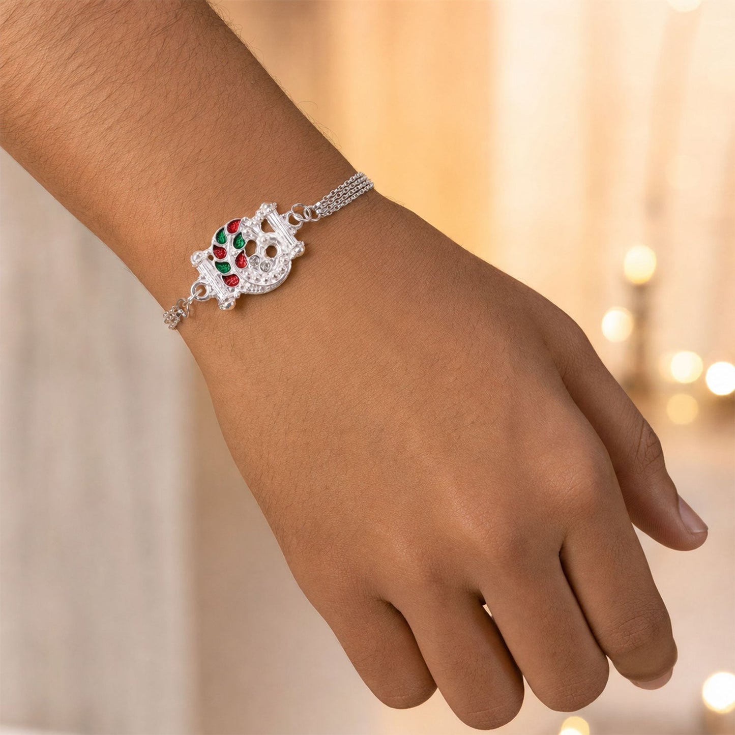 Silver Mor Peacock Meenakari Enamel Crystal Chain Rakhi (5pcs)