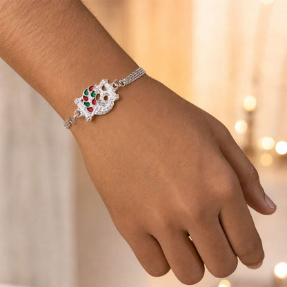 Silver Mor Peacock Meenakari Enamel Crystal Chain Rakhi (10pcs)