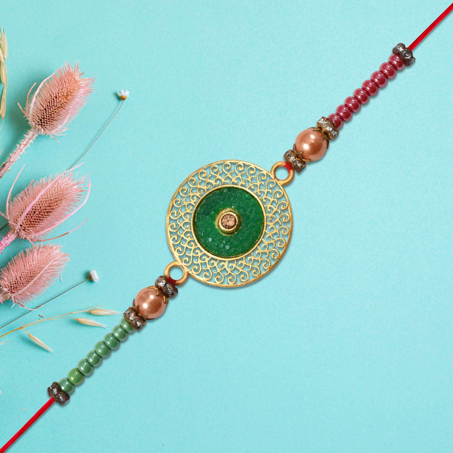 Green Filigree Rakhi Antique Golden Design for Raksha Bandhan (10pcs)