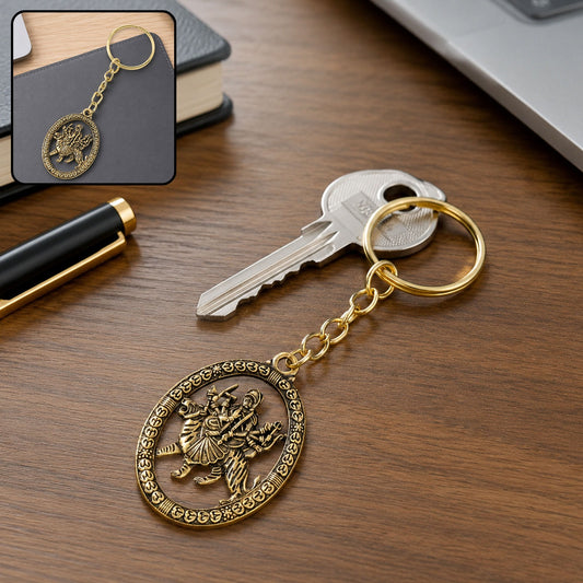 Maa Durga Golden Oval Frame Keychain – Spiritual Protection