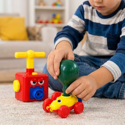 A child's hands attach a green balloon to the yellow and red car, next to a red pump.