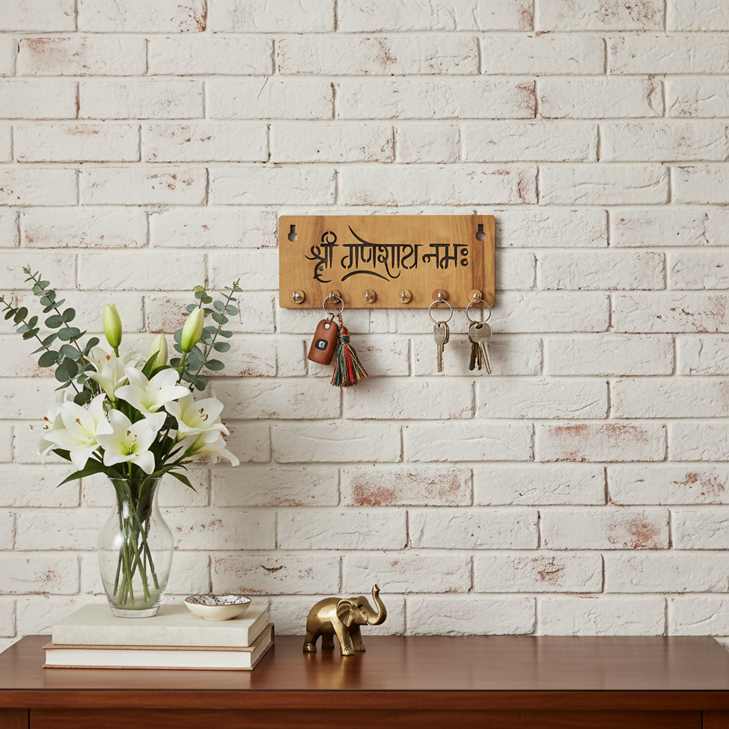 Shri Ganeshay Namah Wooden Key Holder for Wall – Premium MDF Ganpati Wall Key Organizer | Spiritual Home Décor