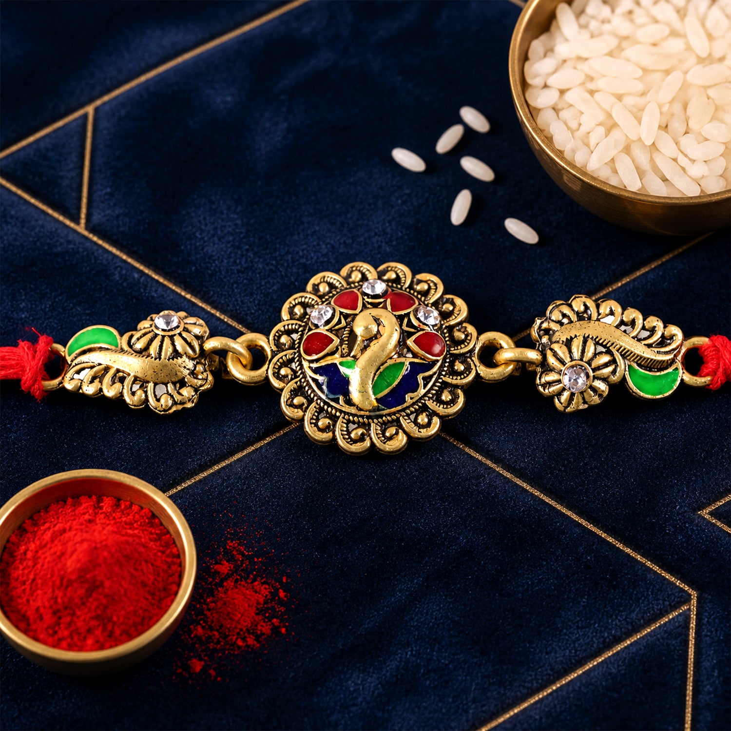 Antique Gold-Toned Peacock Rakhi with Multicolor Enamel, Crystal Accents & Red Thread