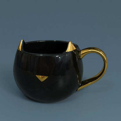 Premium Black CAT Ceramic Coffee Mug with Golden Horns & Handle – Cute Cartoon Style Large Capacity Tea Cup for Home, Office, Gifting, Hot & Cold Beverages, Unique Funky Stylish Ceramic Mug for Men Women (Pack of 1)