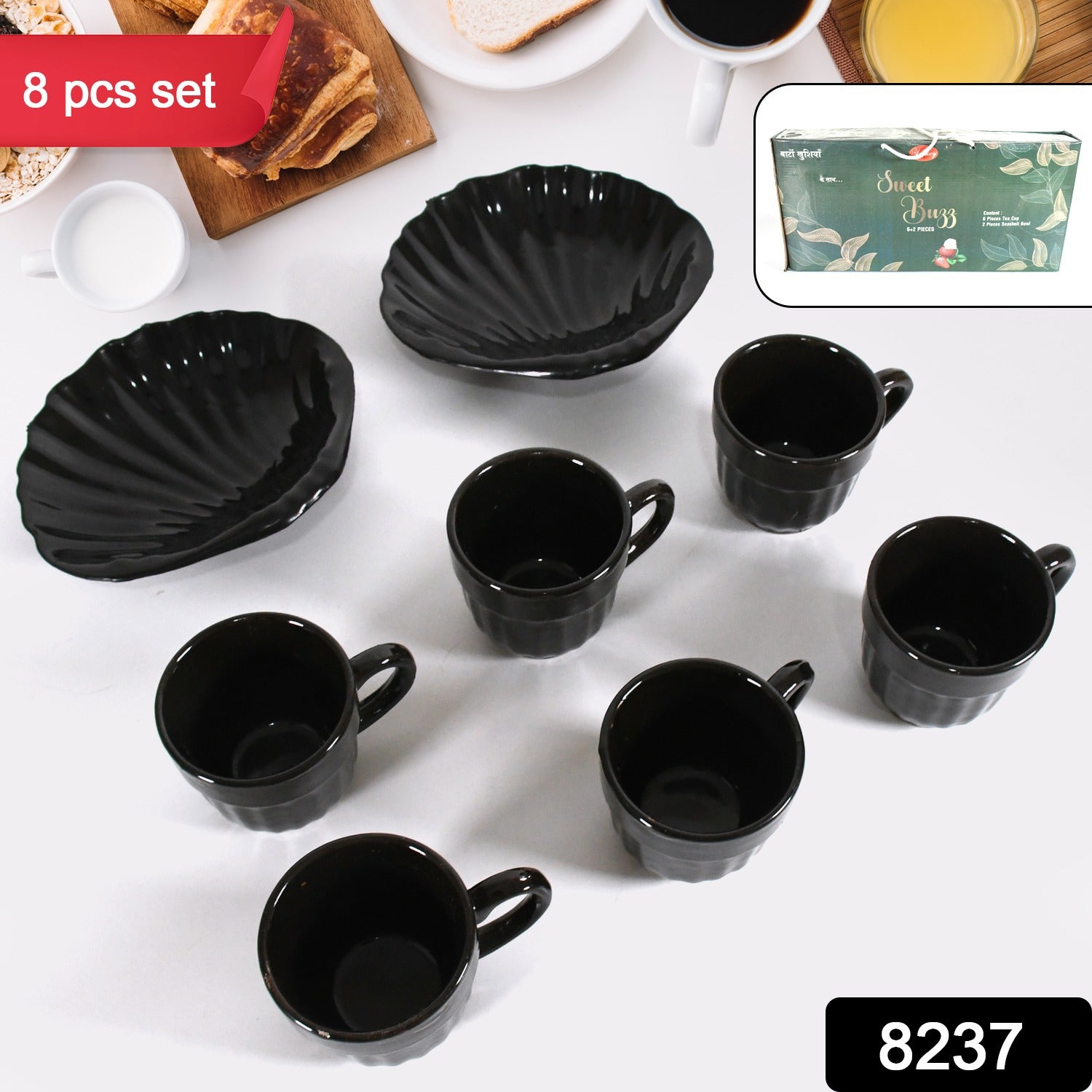 Sweet Buzz Ceramic Tea / cups / Mug Set With Seashell Shape Serving Bowl Milk Cup, Coffee Cup, Tea Cup, Breakfast Cup, Drinking Mug or Outdoor for Household, Gift for Birthday, Wedding Party (8 Pcs set)