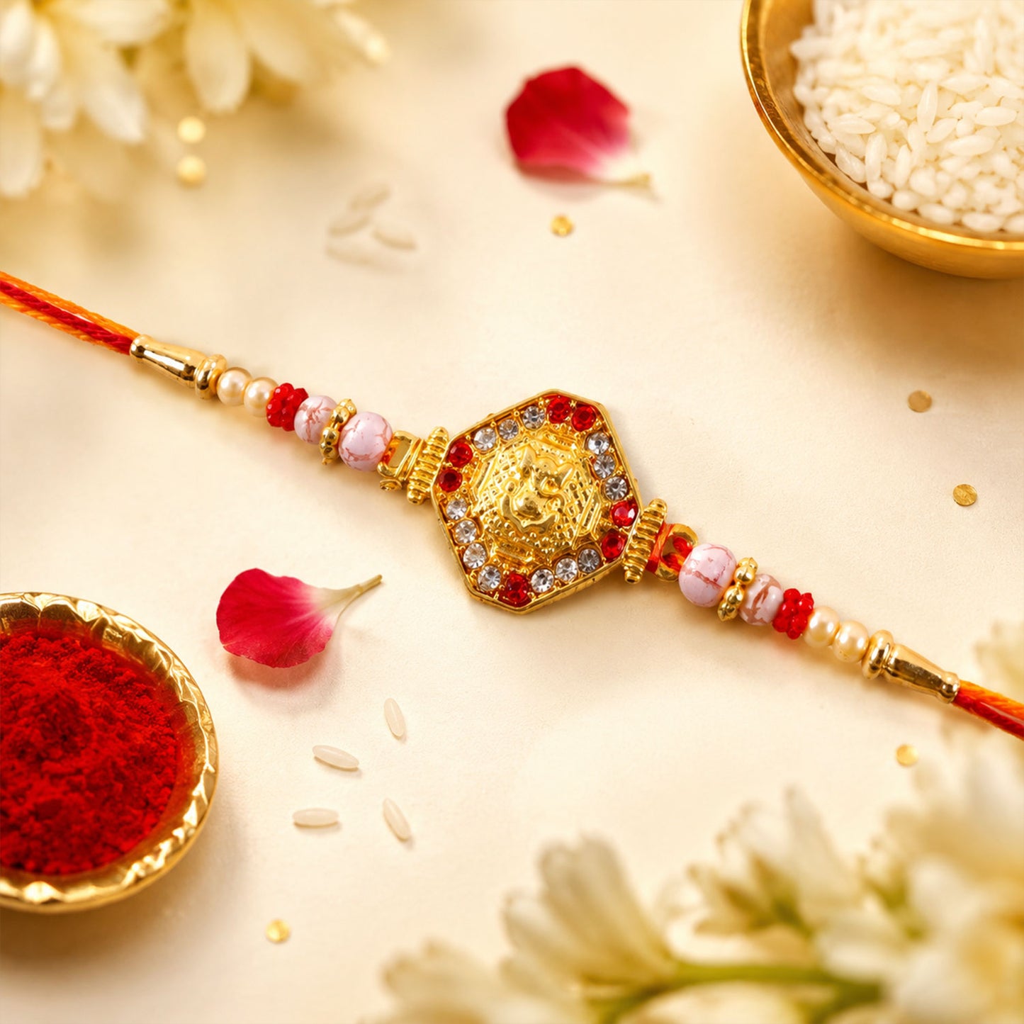 Ganesh Rakhi with Golden Beads and Red-Yellow Thread