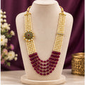 Pearl Beaded Ruby Stone Layered Necklace Set with Antique Pendant Design