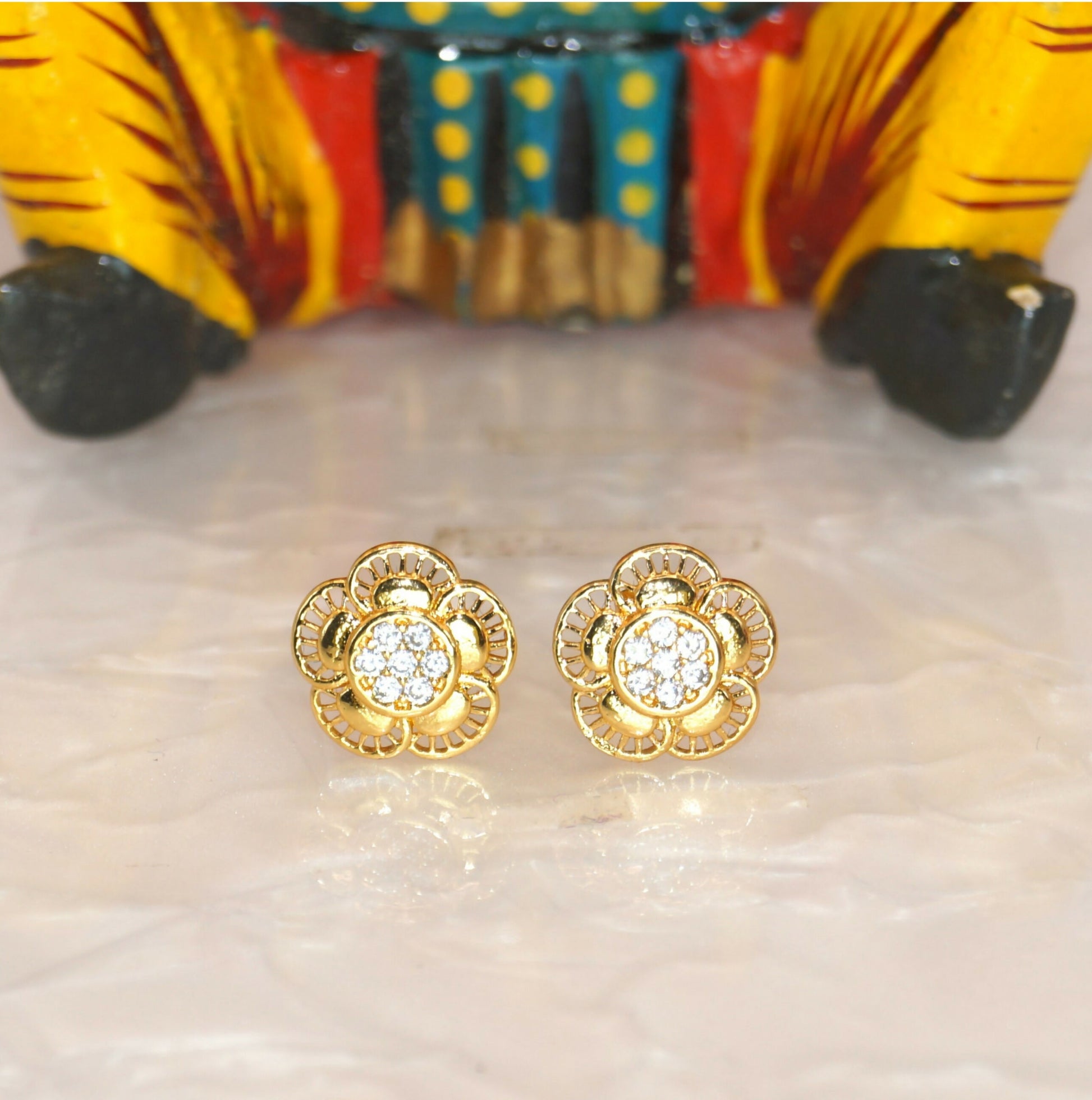 Gold-Plated Layered Flower Stud Earrings with AD for women & girls