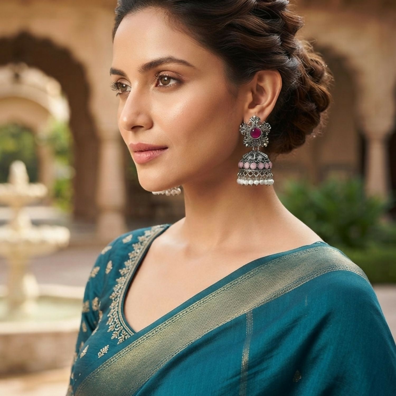 Traditional Oxidized Silver Jhumka Earrings with Pastel Stones and Pearl Drops Pair