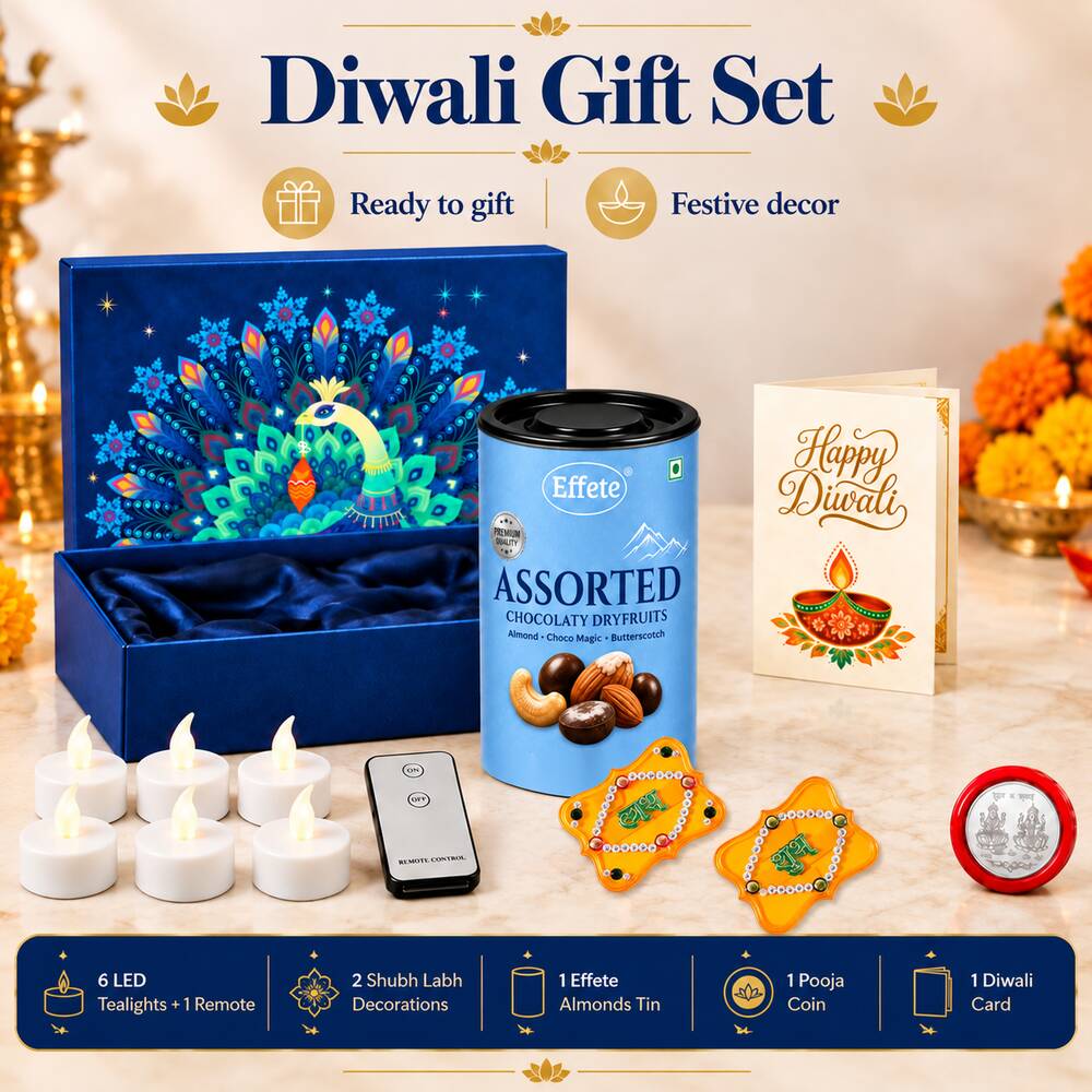 A Diwali gift set with a blue box, dry fruits, a card, LED tealights, a remote, Shubh Labh decorations, and a silver coin is