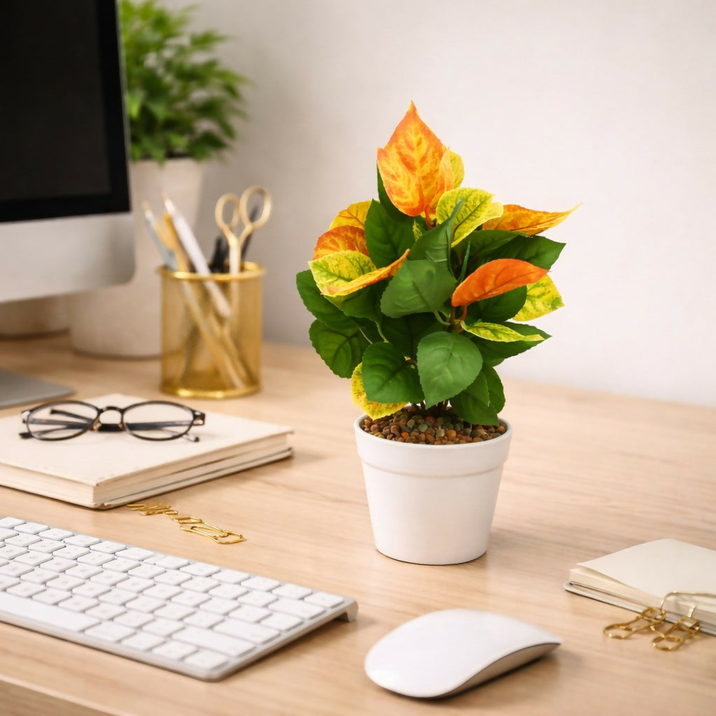 Artificial Decorative Leaf Plant with Pot for Home & Office Table Décor