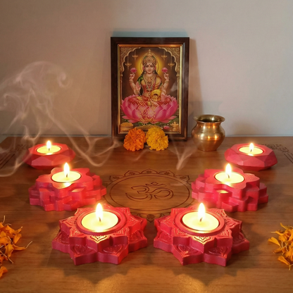 Lotus ,4-Step Diamond shaped combo gypsum articles – Multi-Purpose Diya, Dhoop Cone Stand & Mini Planter (Pack of 6 - Rose Gold, Metallic Pink)