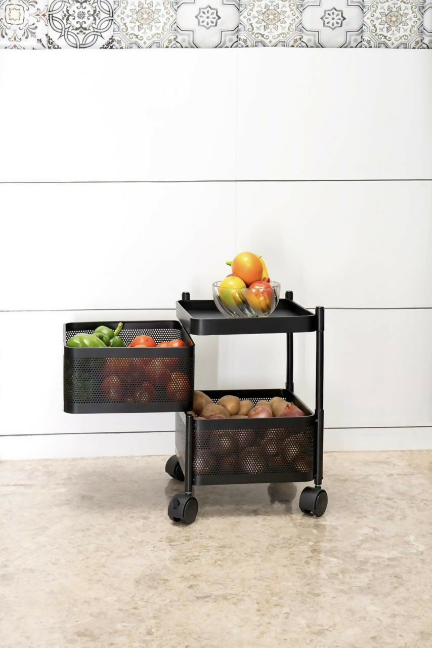 Durable Square 2-Layer Stainless Steel Kitchen Trolley with Ventilated Baskets & Wheels
