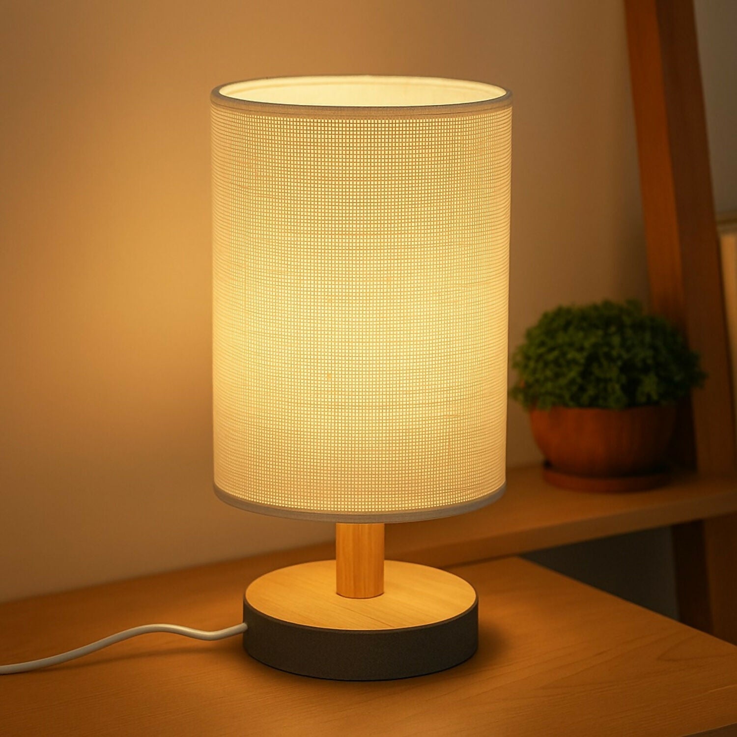 Modern Fabric Shade Wooden Table Lamp for Bedroom, Living Room & Study(CREAM)