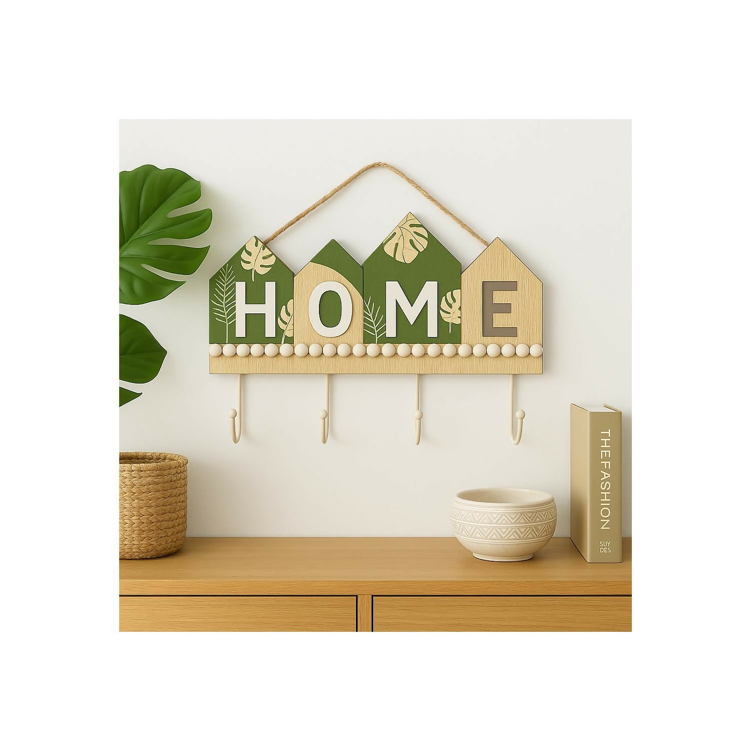 Rustic Wooden Wall Key Holder with “HOME” Letter
