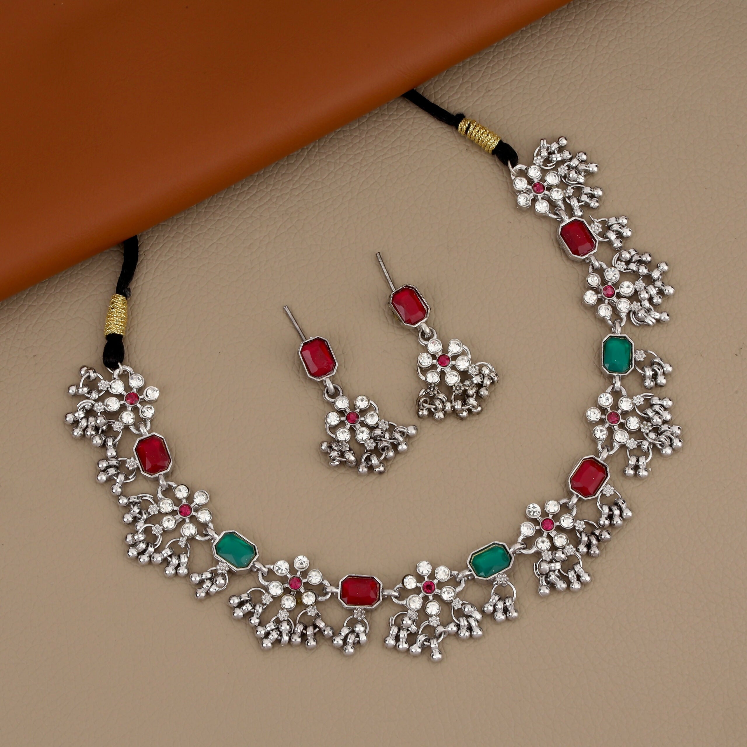 Oxidized Silver Green-Pink Rectangular Stone Choker