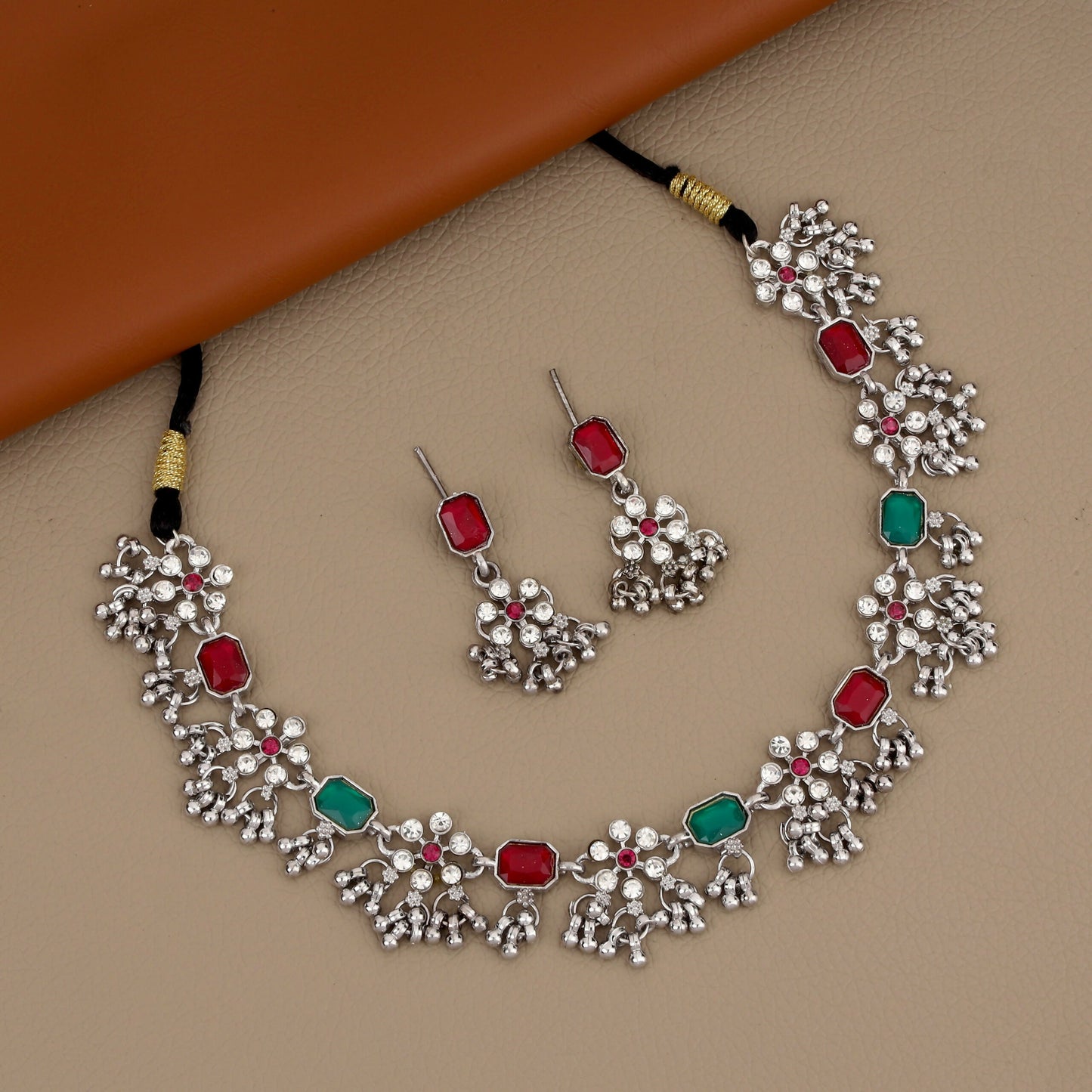 Oxidized Silver Green-Pink Rectangular Stone Choker