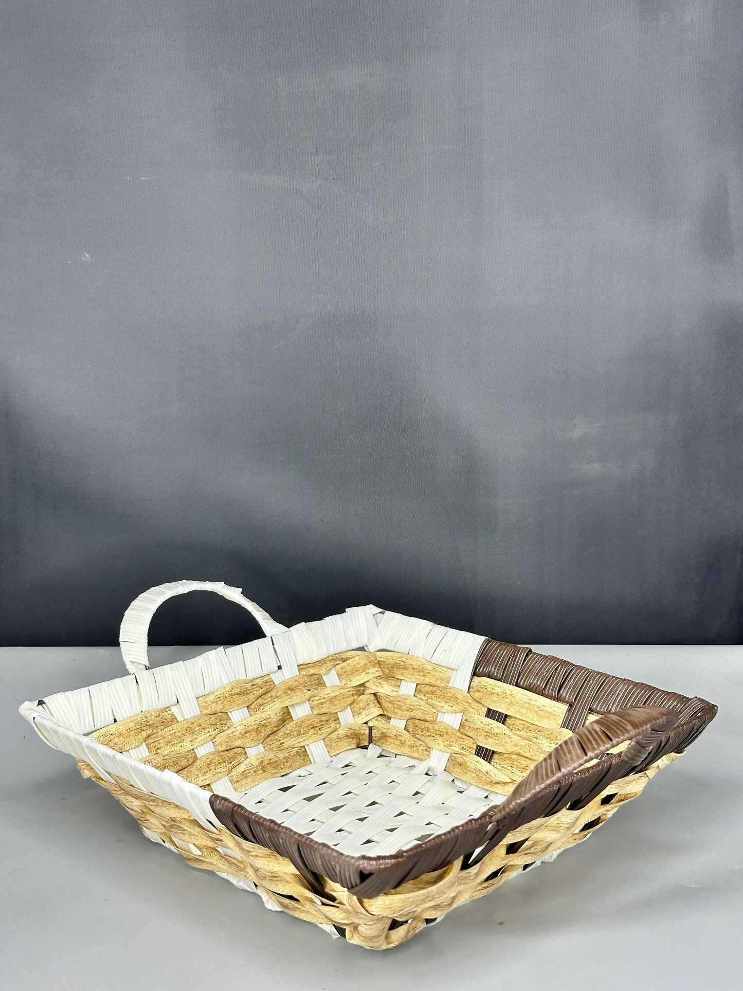 Handcrafted Rectangular Woven Storage Basket – White, Beige & Brown Multipurpose Decorative Organizer with Handle for Fruits, Bread, Snacks, Dry Fruits, Gift Hampers & Table Décor
