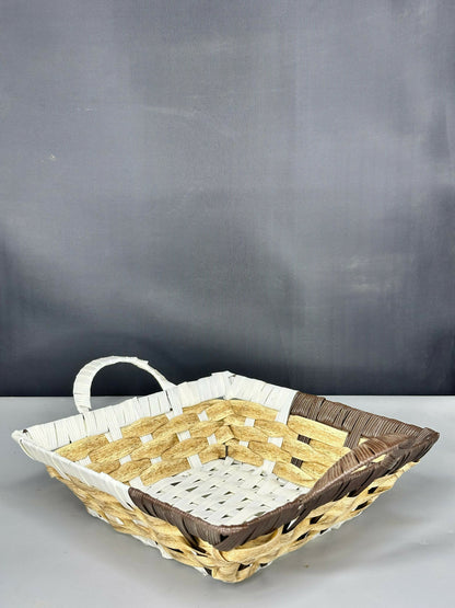 Handcrafted Rectangular Woven Storage Basket – White, Beige & Brown Multipurpose Decorative Organizer with Handle for Fruits, Bread, Snacks, Dry Fruits, Gift Hampers & Table Décor