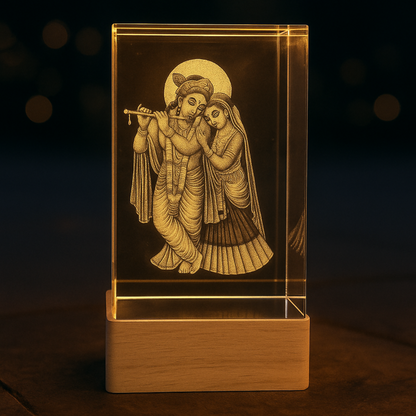 Radha Krishna 3D Crystal LED Night Lamp with Wooden Base – Divine Spiritual Gift for Home Décor, Office Desk, Puja Room, and Festive Lighting – Elegant Laser Engraved God Idol Showpiece