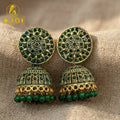 Antique Gold Jhumka Earrings – Rich Green Stones & Traditional Elegance