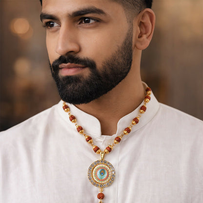 Elegant Rudraksha jewelry set featuring evil eye pendant