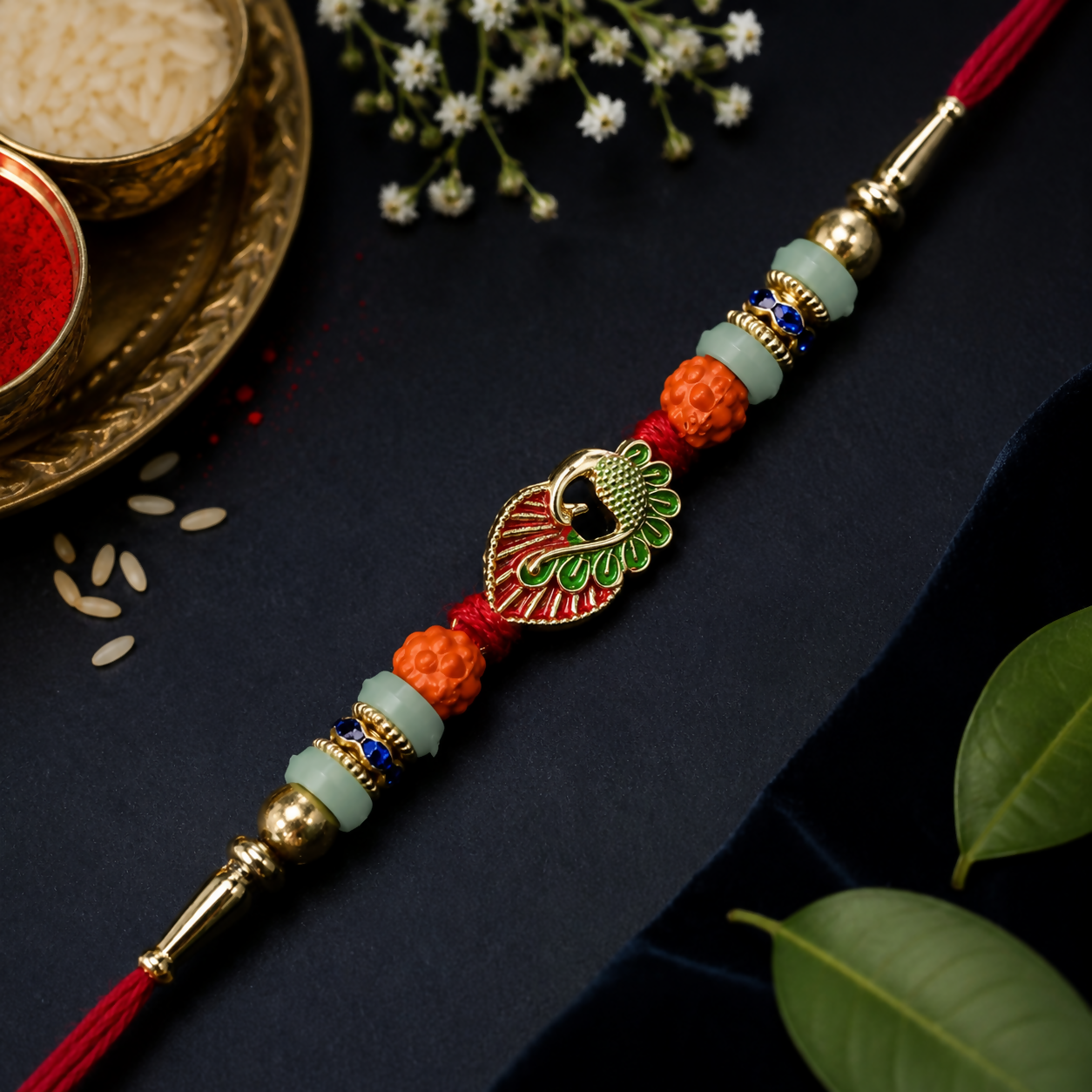 A red and gold bracelet with a peacock charm, orange and light green beads, and blue accents, surrounded by white flowers,