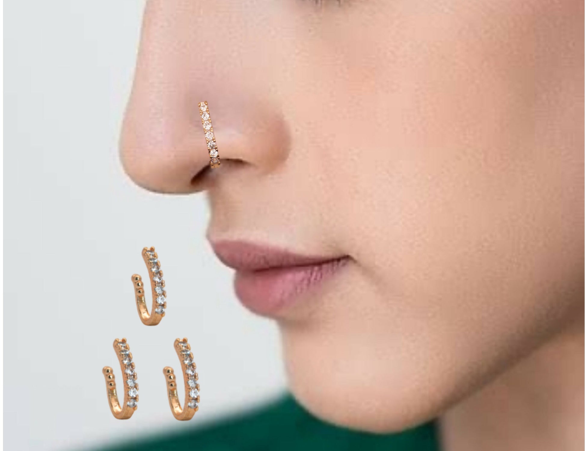 Rose Gold Plated CZ Stone Adjustable Nose Ring Set of 3