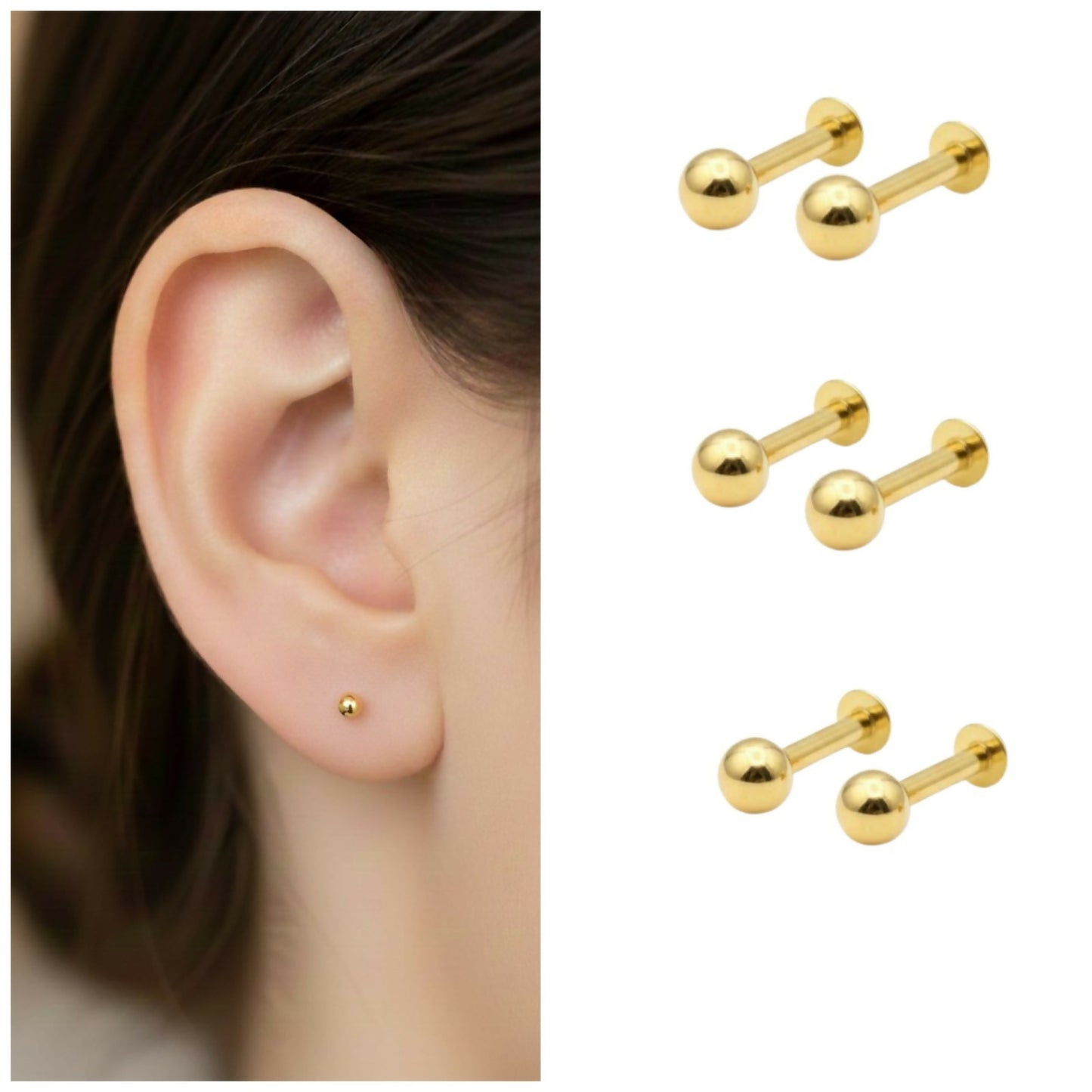 Gold plated Back Stud Earrings Ball Labret Piercing Set for women and girls Combo Pack of 6