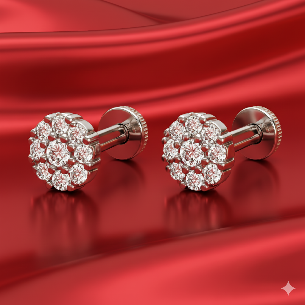 Close-up image of silver plated floral cluster nose pin showcasing sparkling crystals
