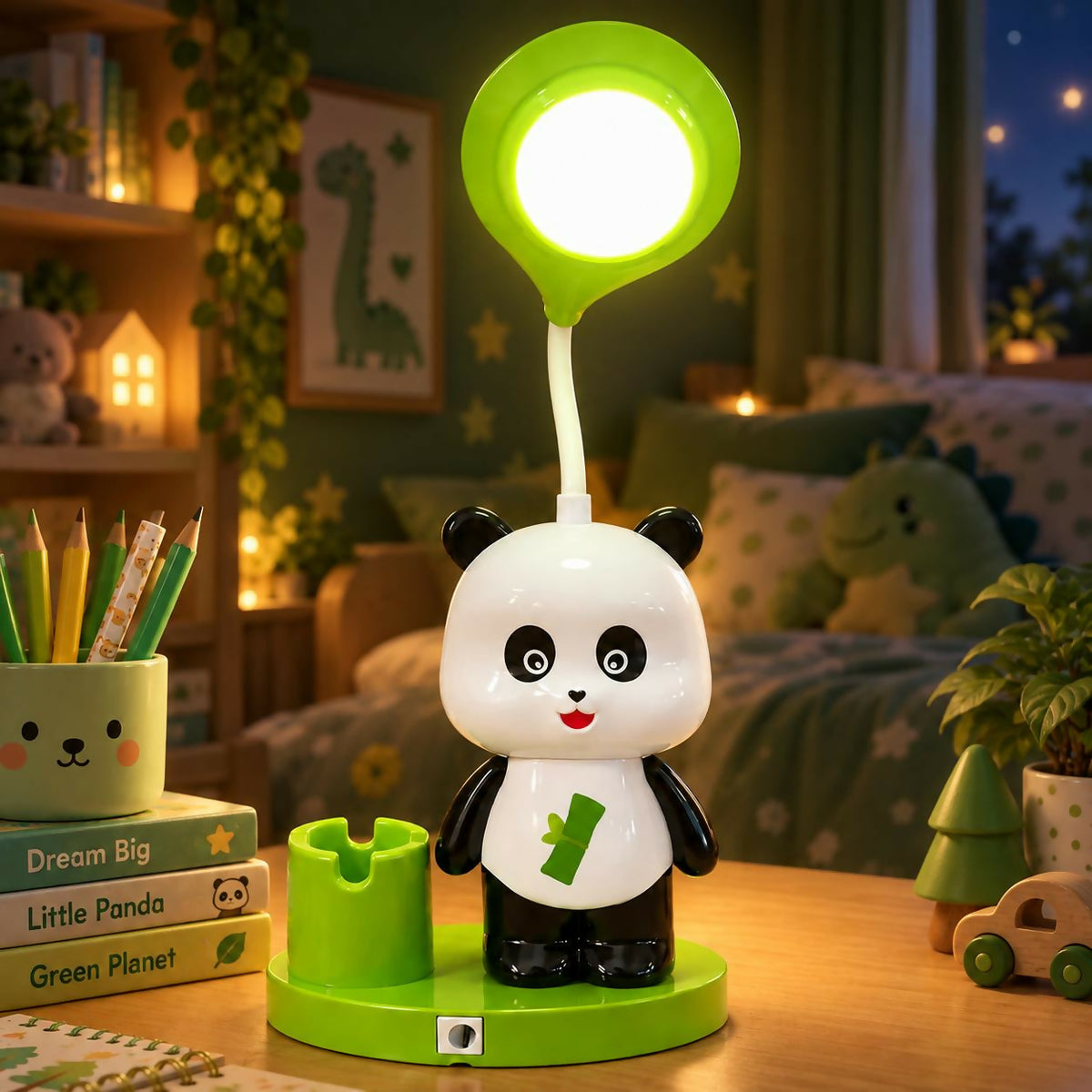 A panda desk lamp with a green light and base, standing on a wooden desk in a dimly lit bedroom.