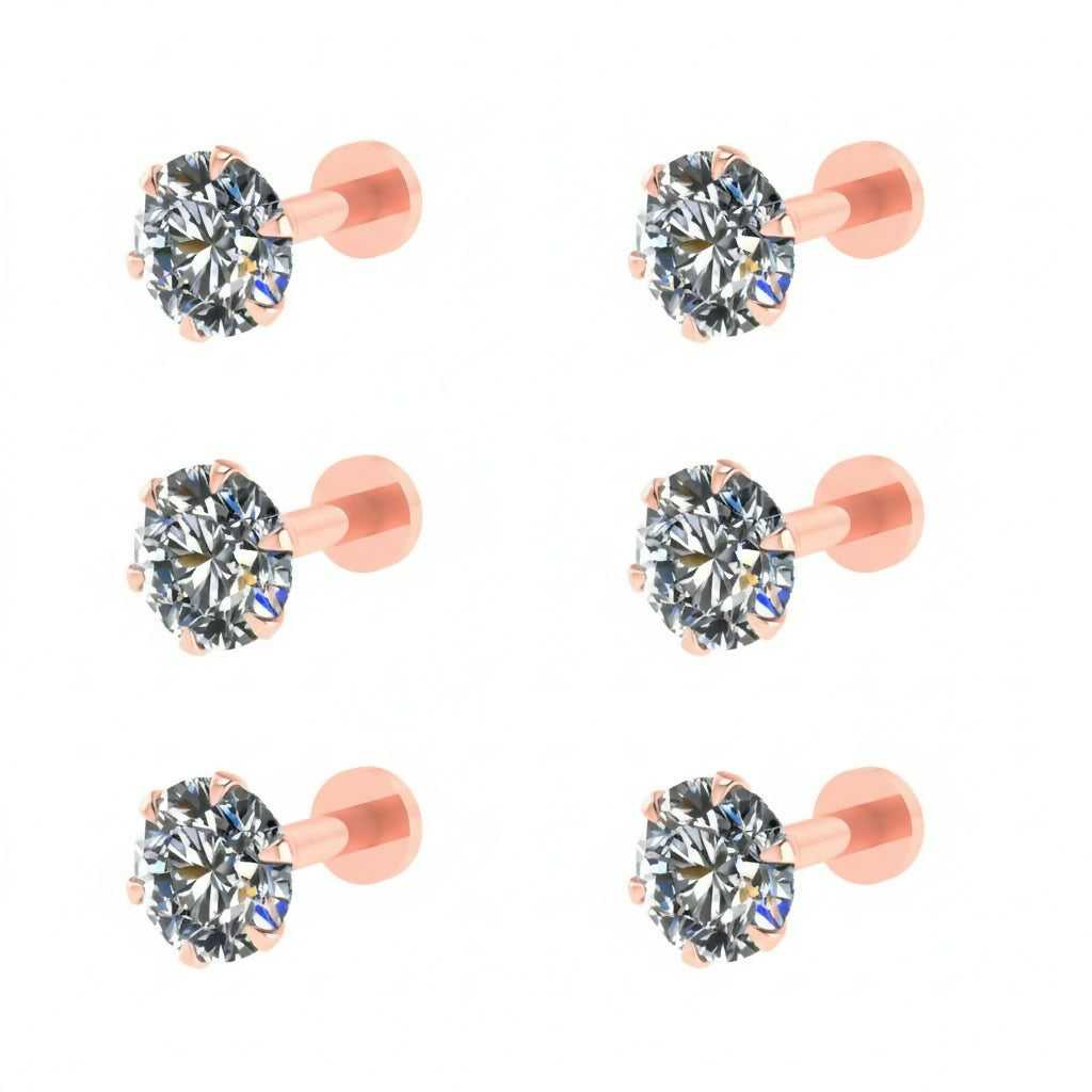 Rose Gold Round AD Flat Back Stud Earrings for women and girls Combo Pack of 6
