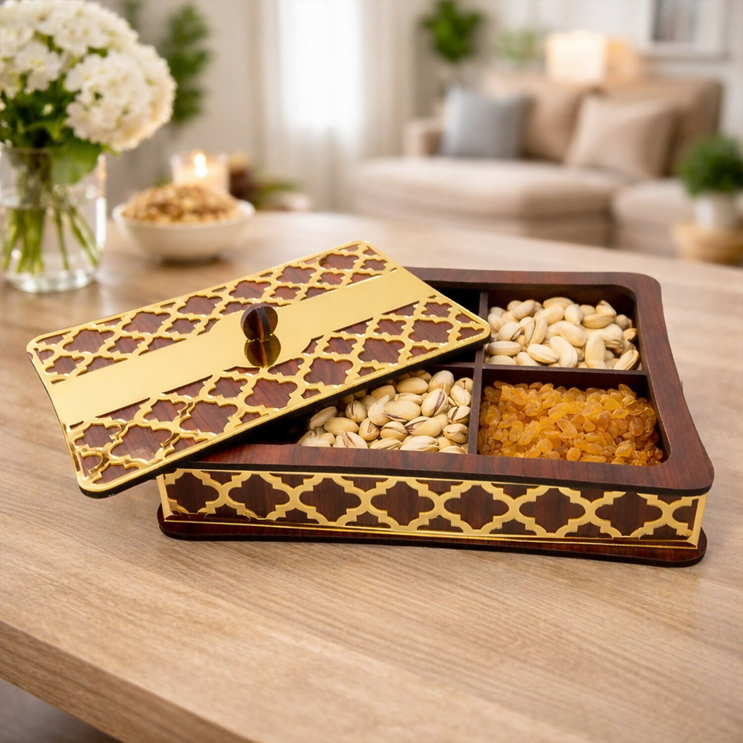 Decorative wooden dry fruit box suitable for festive occasions and gifting