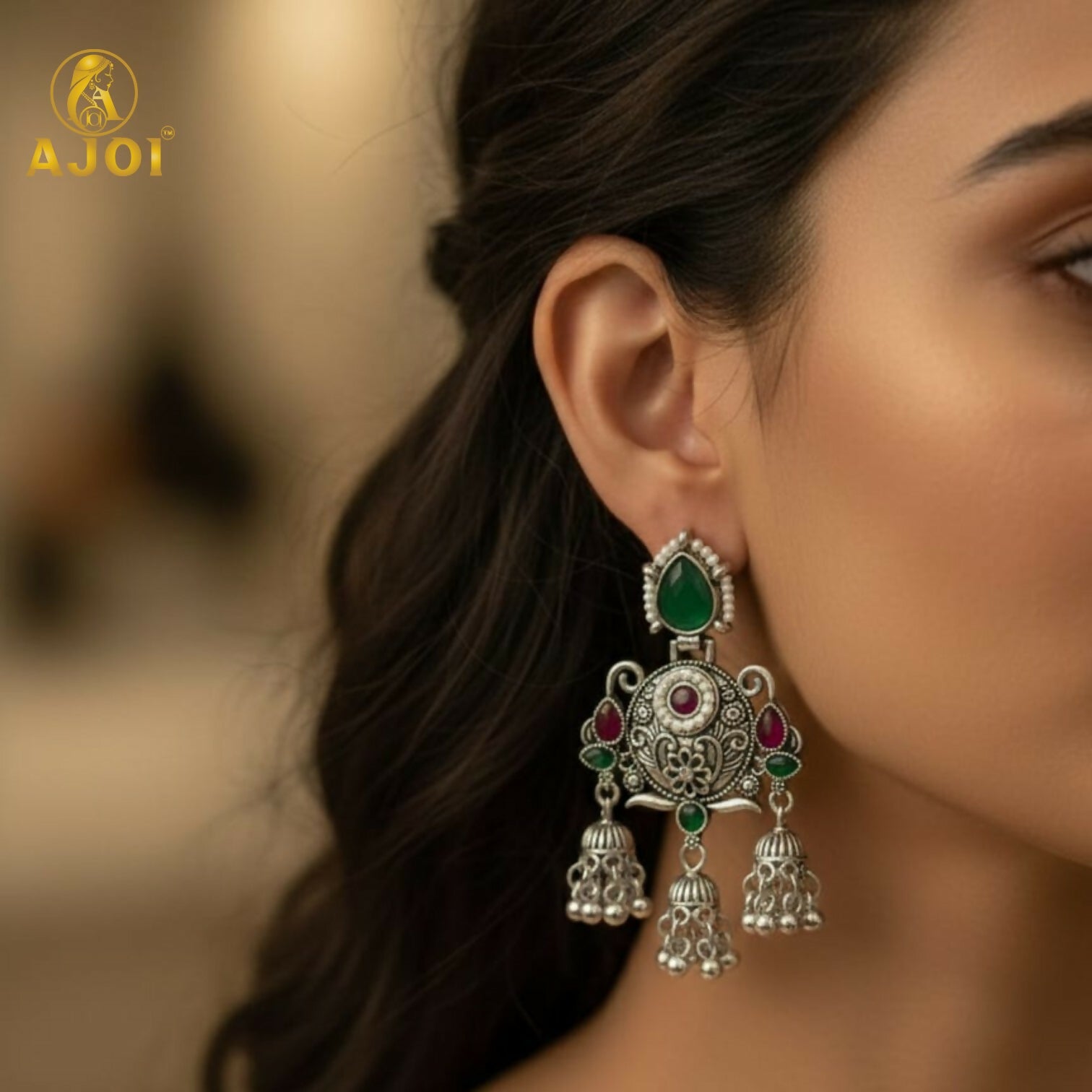 Premium Oxidised Silver Chandbali Jhumka Earrings with Green Stone