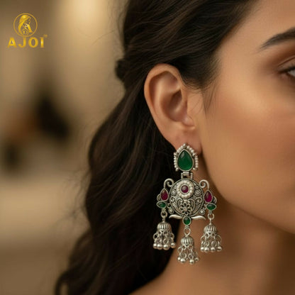 Premium Oxidised Silver Chandbali Jhumka Earrings with Green Stone
