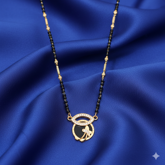 Gold-Plated AD Floral Mangal sutra with Black Beads & Crystals