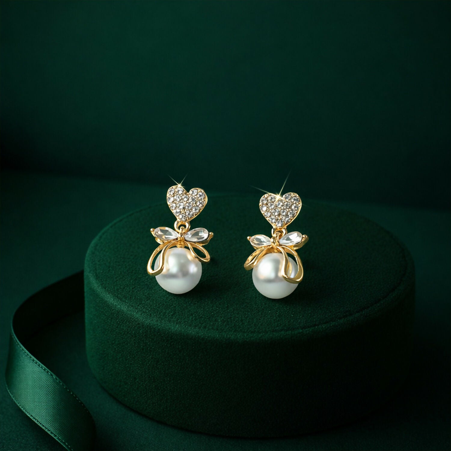 Romantic Heart Crystal and Pearl Bow Earrings on jewelry stand