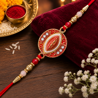 The red and gold bracelet with an oval centerpiece, pearls, and stones, is displayed on a dark red velvet cushion with a