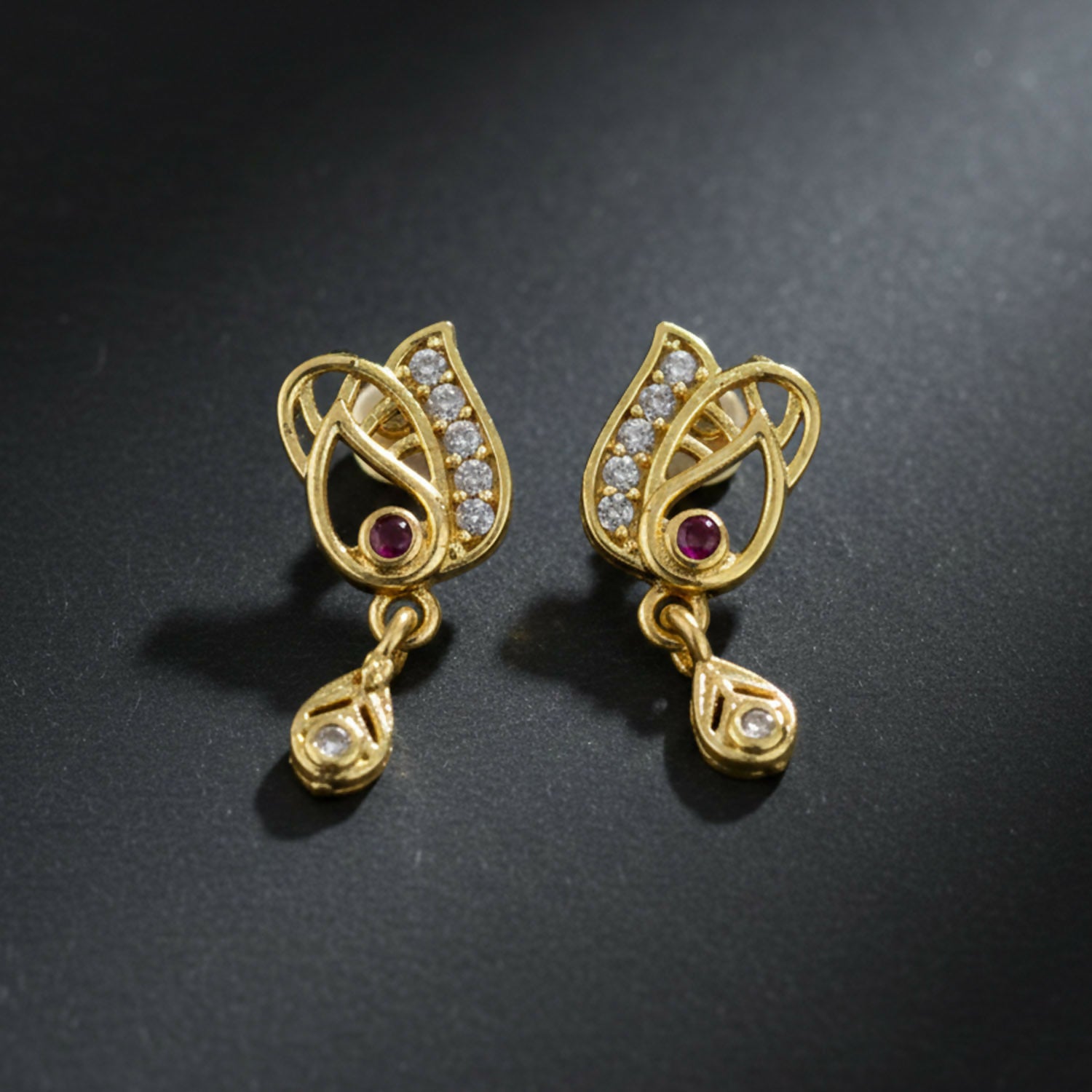 Elegant Gold Plated Stud Earrings with Ruby Accent & Drop Design