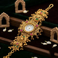Antique Gold Tone Peacock Bracelet Watch with Pink Green Stones and Ethnic Design