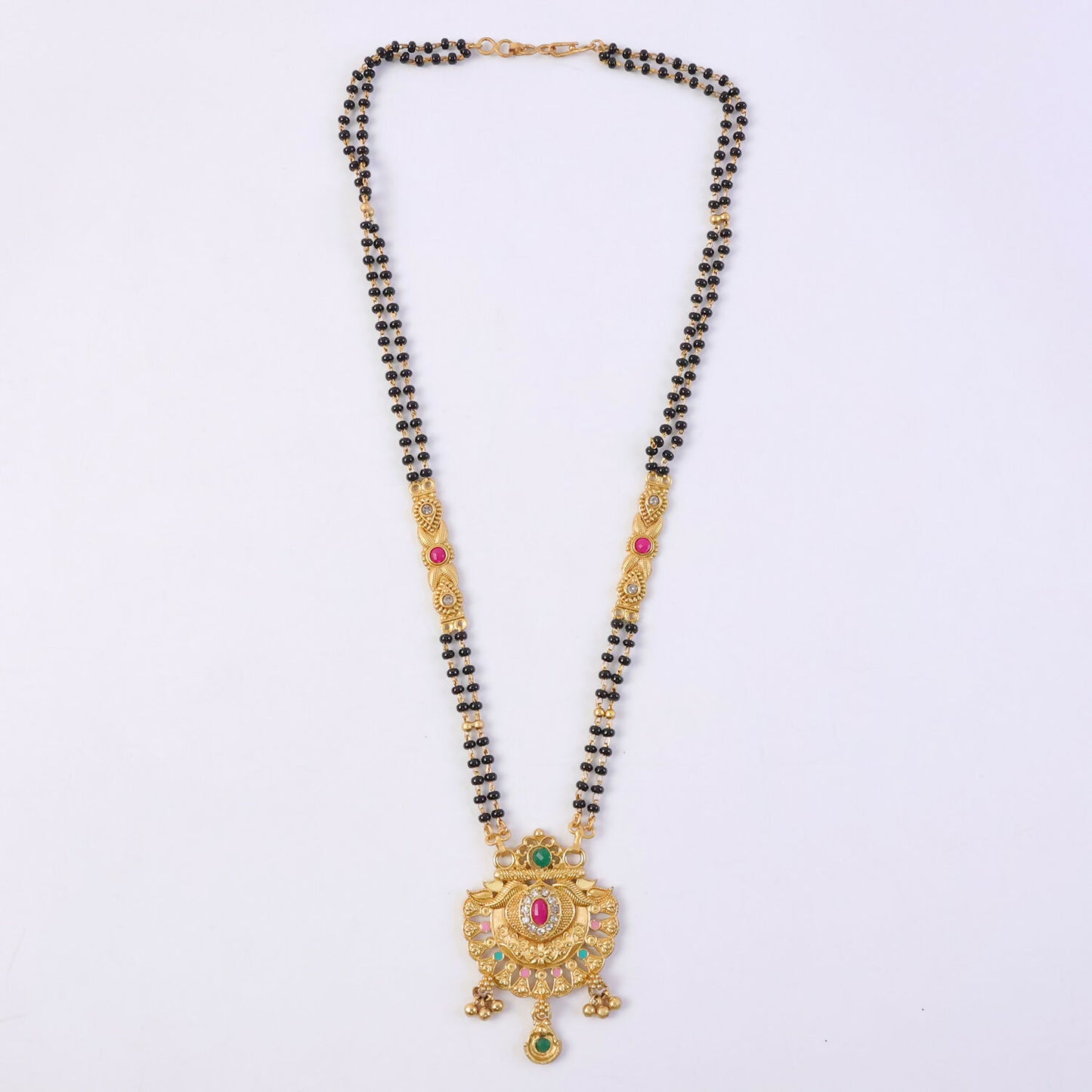 Antique Finish Lotus Peacock Fan Pendant with Multi-Petal Enamel Extra Long Double Strand Mangalsutra