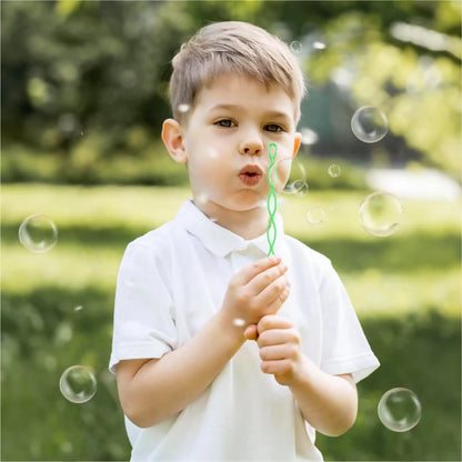 Multiple bubble wands in bright colors with bubble solution for kids' fun.