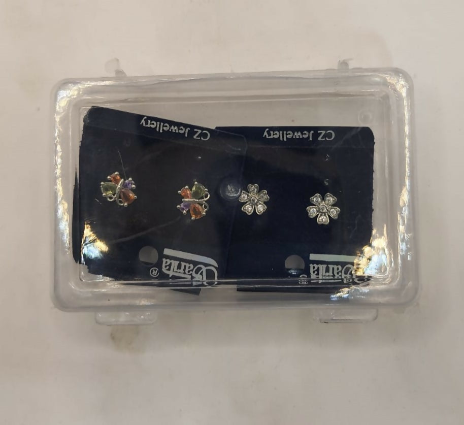 Pack of two stud earrings featuring delicate flower and colorful butterfly designs
