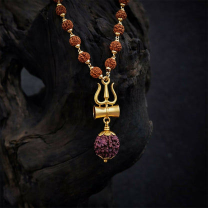 Natural 0riginal Rudraksha Bead Necklace with Trishul Pendant Spiritual Mala for Men