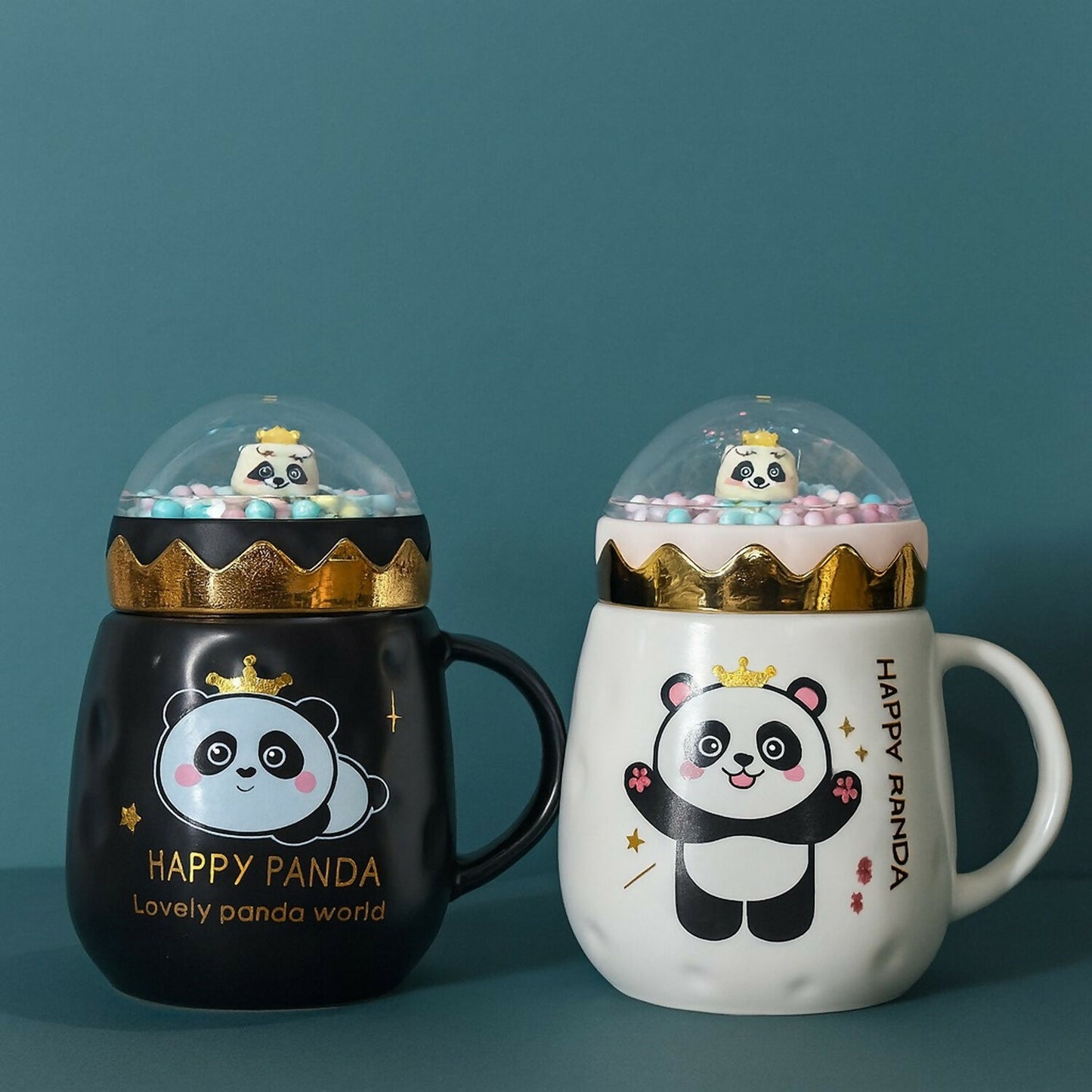 Happy Panda Ceramic Mug with Dome Lid & Golden Crown | Cute Gift for Kids & Girls