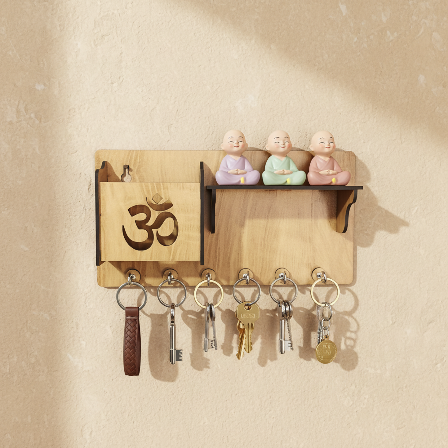 Wooden Om Key Holder with Shelf & Mobile Stand | Spiritual Home Décor